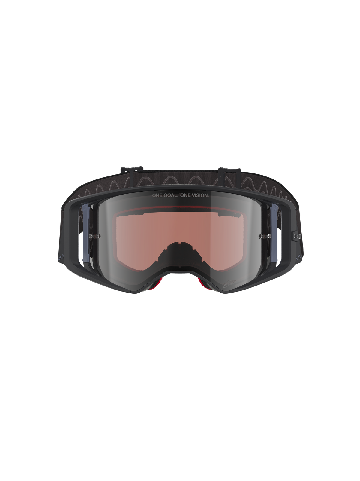 Alpinestars Supertech Corp Goggles Absolute Vision, motocrossbriller, sort grå spejl-sølv, med "ONE GOAL. ONE VISION." tekst på linsen, vidvinklet polycarbonatlinse, højtydende øjenbeskyttelse til off-road racing