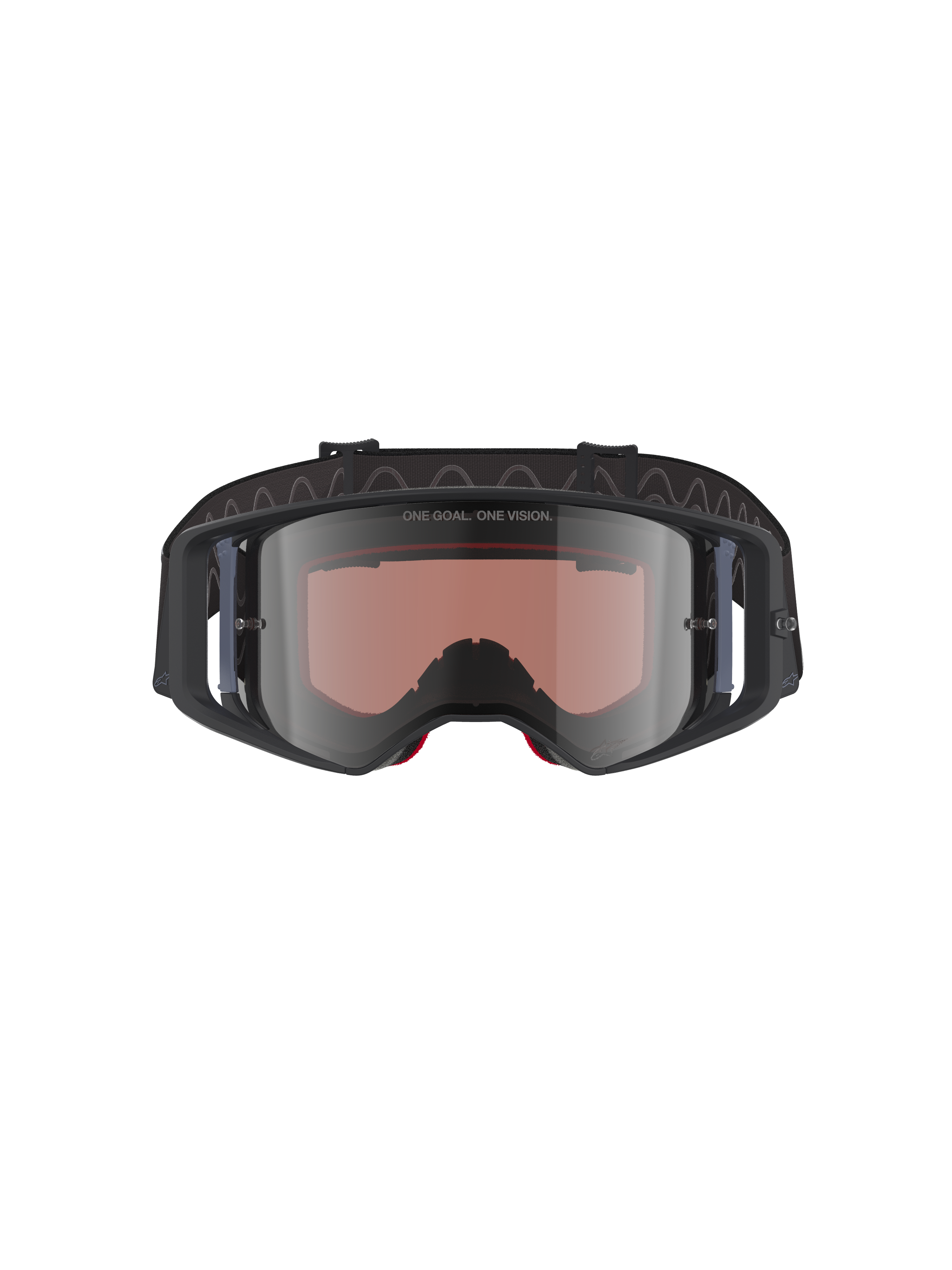 Alpinestars Supertech Corp Goggles Absolute Vision, motocrossbriller, sort grå spejl-sølv, med "ONE GOAL. ONE VISION." tekst på linsen, vidvinklet polycarbonatlinse, højtydende øjenbeskyttelse til off-road racing