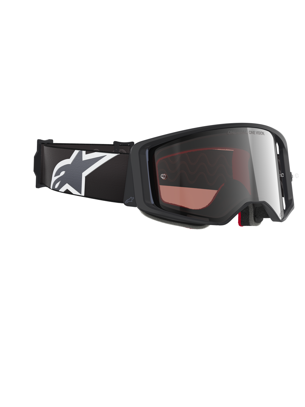 Alpinestars Supertech Corp Goggles Absolute Vision, motocrossbriller, sort og grå ramme med Mirror Silver-linse, bred sort rem med hvidt og gråt Astars-logo, performance-briller til off-road racing.