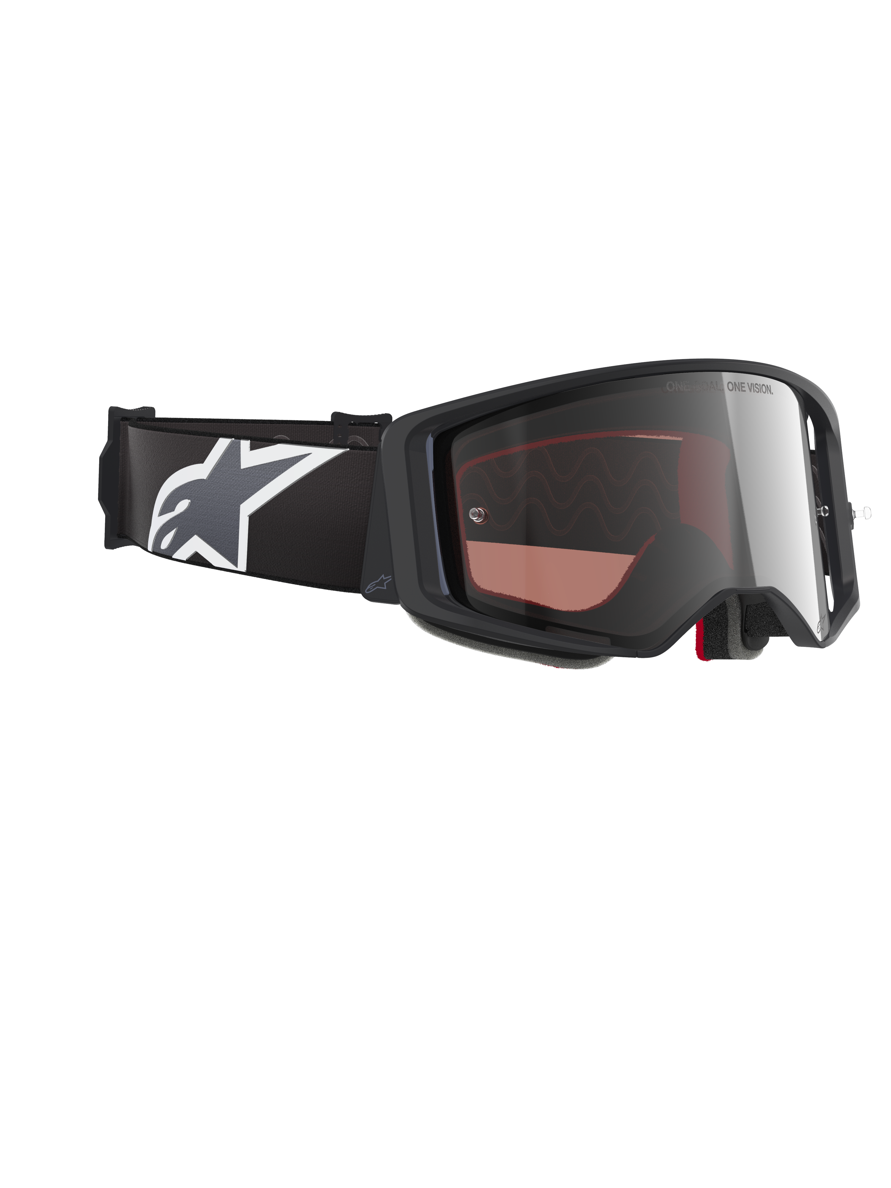 Alpinestars Supertech Corp Goggles Absolute Vision, motocrossbriller, sort og grå ramme med Mirror Silver-linse, bred sort rem med hvidt og gråt Astars-logo, performance-briller til off-road racing.