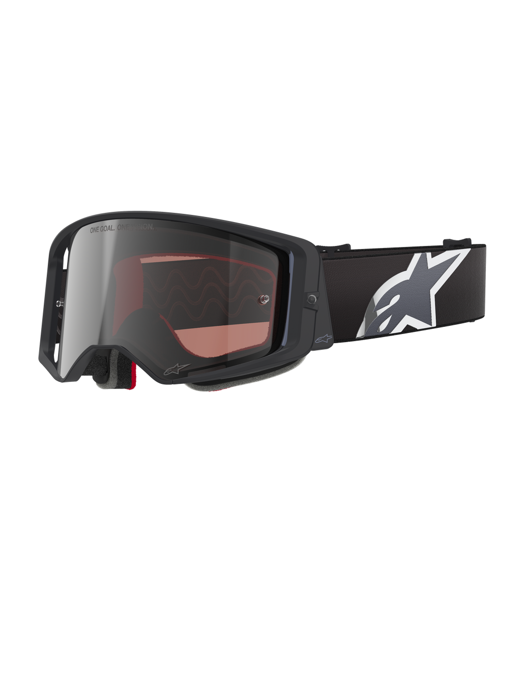 Alpinestars Supertech Corp Goggles Absolute Vision, motocross-briller, sort og grå med sølvfarvet spejllinse, kantet ramme, justerbar sort rem med hvidt stjernelogo, flerlags ansigtsskum til terrænkørsel.