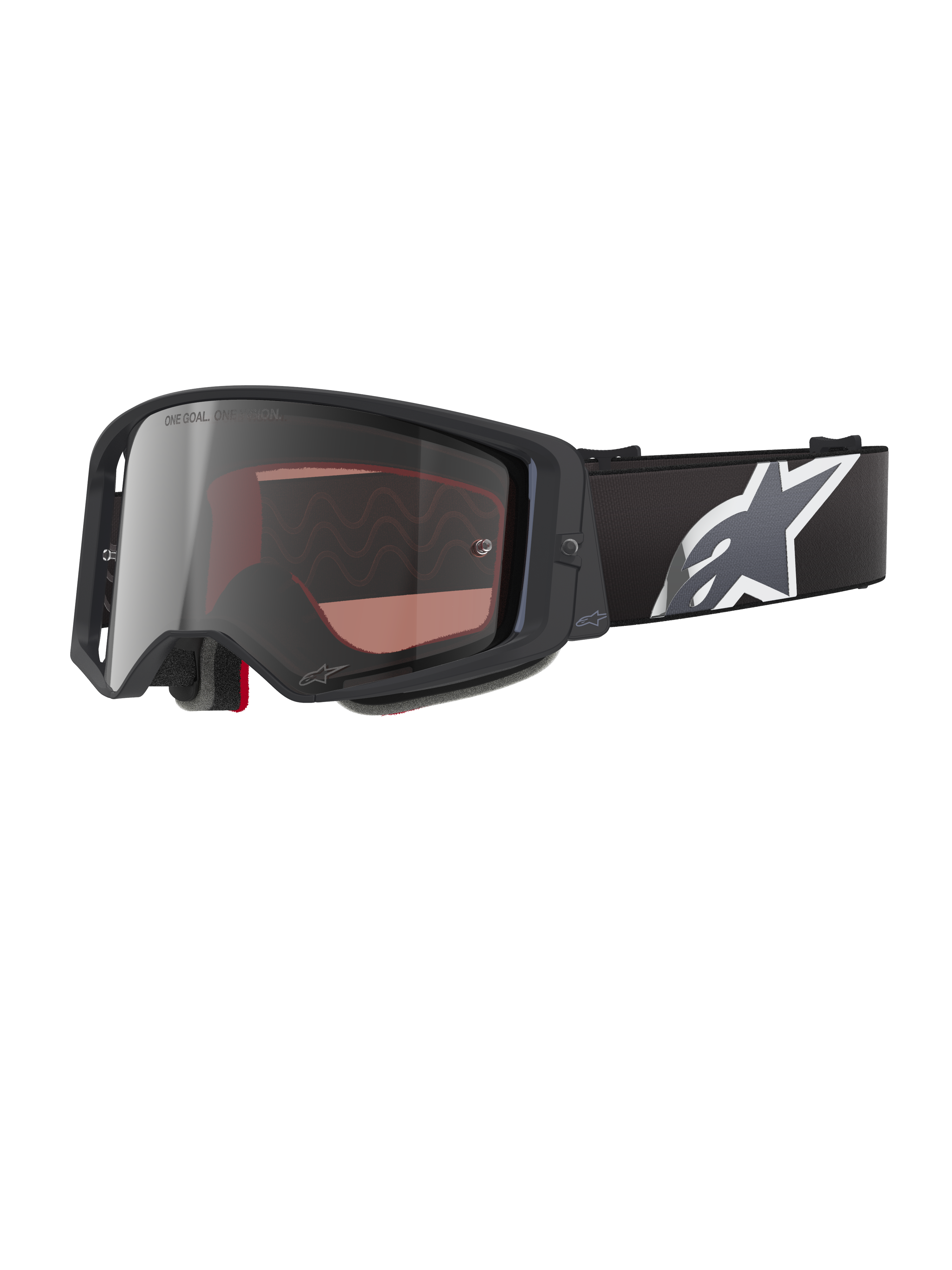 Alpinestars Supertech Corp Goggles Absolute Vision, motocross-briller, sort og grå med sølvfarvet spejllinse, kantet ramme, justerbar sort rem med hvidt stjernelogo, flerlags ansigtsskum til terrænkørsel.
