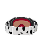 Set bagfra af Alpinestars Supertech Corp Goggles Absolute Vision, White Gold Mirror Gold, med en hvid rem med sorte abstrakte mønstre, hvide justeringsspænder og flerlags ansigtsskum til motocross og terrænkørsel.