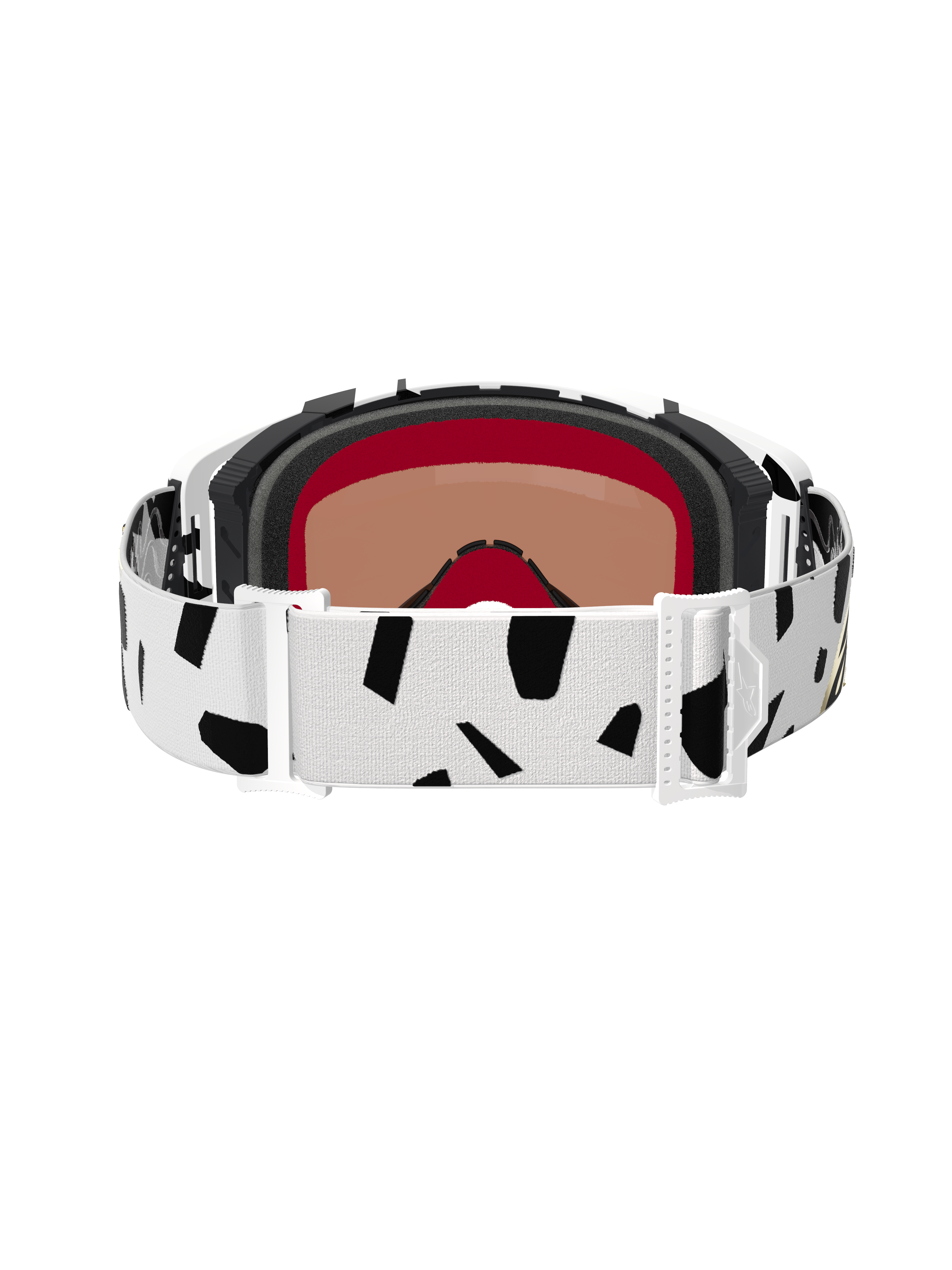 Set bagfra af Alpinestars Supertech Corp Goggles Absolute Vision, White Gold Mirror Gold, med en hvid rem med sorte abstrakte mønstre, hvide justeringsspænder og flerlags ansigtsskum til motocross og terrænkørsel.