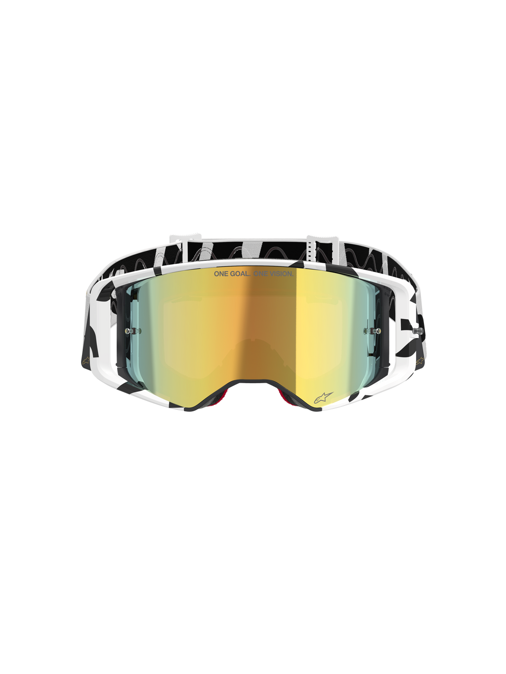 Alpinestars Supertech Corp Goggles Absolute Vision, motocrossbriller, hvid og guld spejleffekt, med sort og hvid grafisk ramme og rem, guld spejl-linse med 'ONE GOAL. ONE VISION.' tekst, højtydende off-road briller
