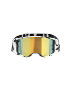 Alpinestars Supertech Corp Goggles Absolute Vision, motocrossbriller, hvid og guld spejleffekt, med sort og hvid grafisk ramme og rem, guld spejl-linse med 'ONE GOAL. ONE VISION.' tekst, højtydende off-road briller