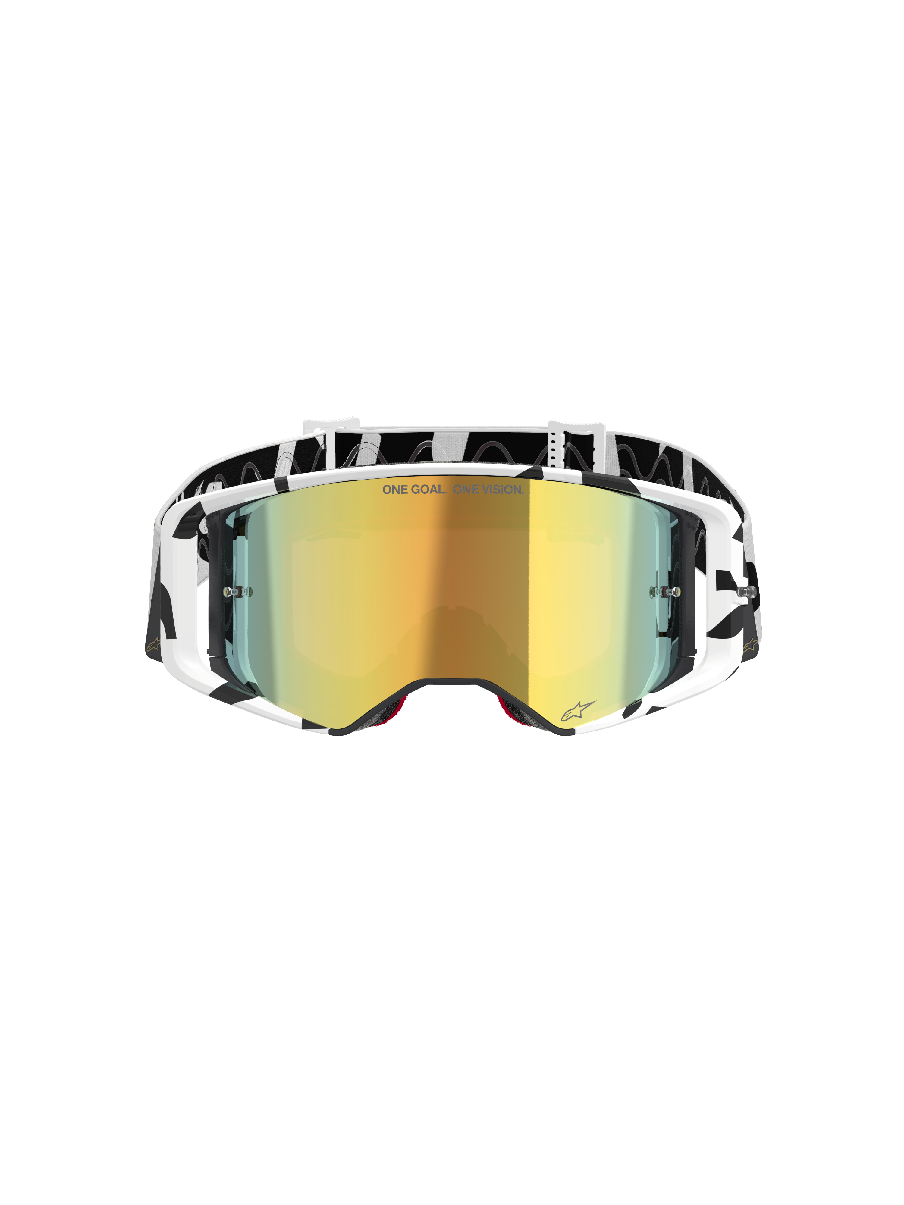 Alpinestars Supertech Corp Goggles Absolute Vision, motocrossbriller, hvid og guld spejleffekt, med sort og hvid grafisk ramme og rem, guld spejl-linse med 'ONE GOAL. ONE VISION.' tekst, højtydende off-road briller