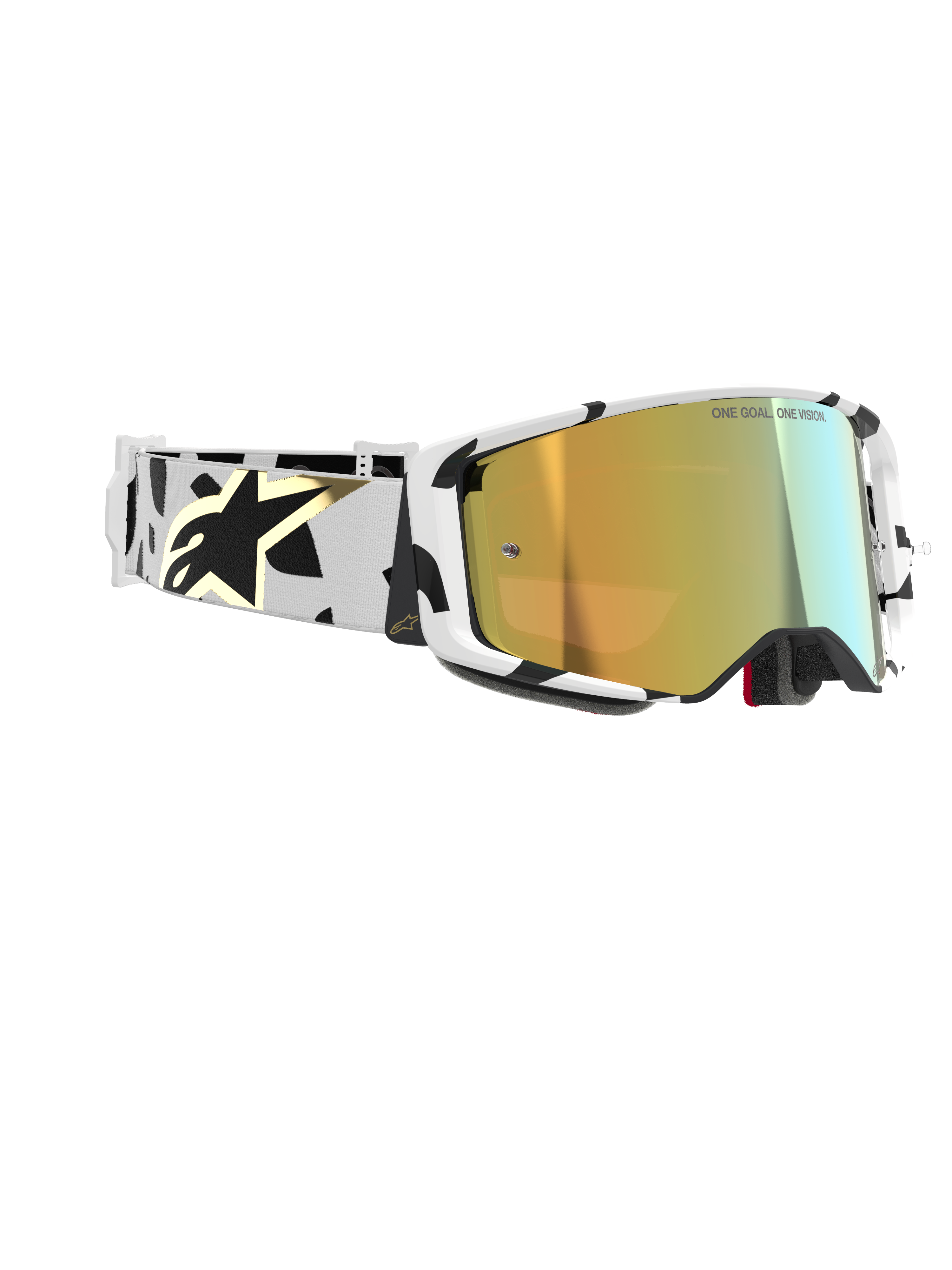 Alpinestars Supertech Corp Goggles Absolute Vision, motocross-briller, hvid ramme med sorte grafiske mønstre, Gold Mirror-linse, hvid og sort rem med guld Alpinestars-logo, højtydende beskyttelsesbriller til racing