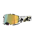 Alpinestars Supertech Corp Goggles Absolute Vision, motocross-briller, hvid og sort mønstret ramme med guld spejl-linse, bred rem med sort abstrakt design og guld Alpinestars-logo, "ONE GOAL. ONE VISION."-branding på linsen, højtydende racingudstyr.