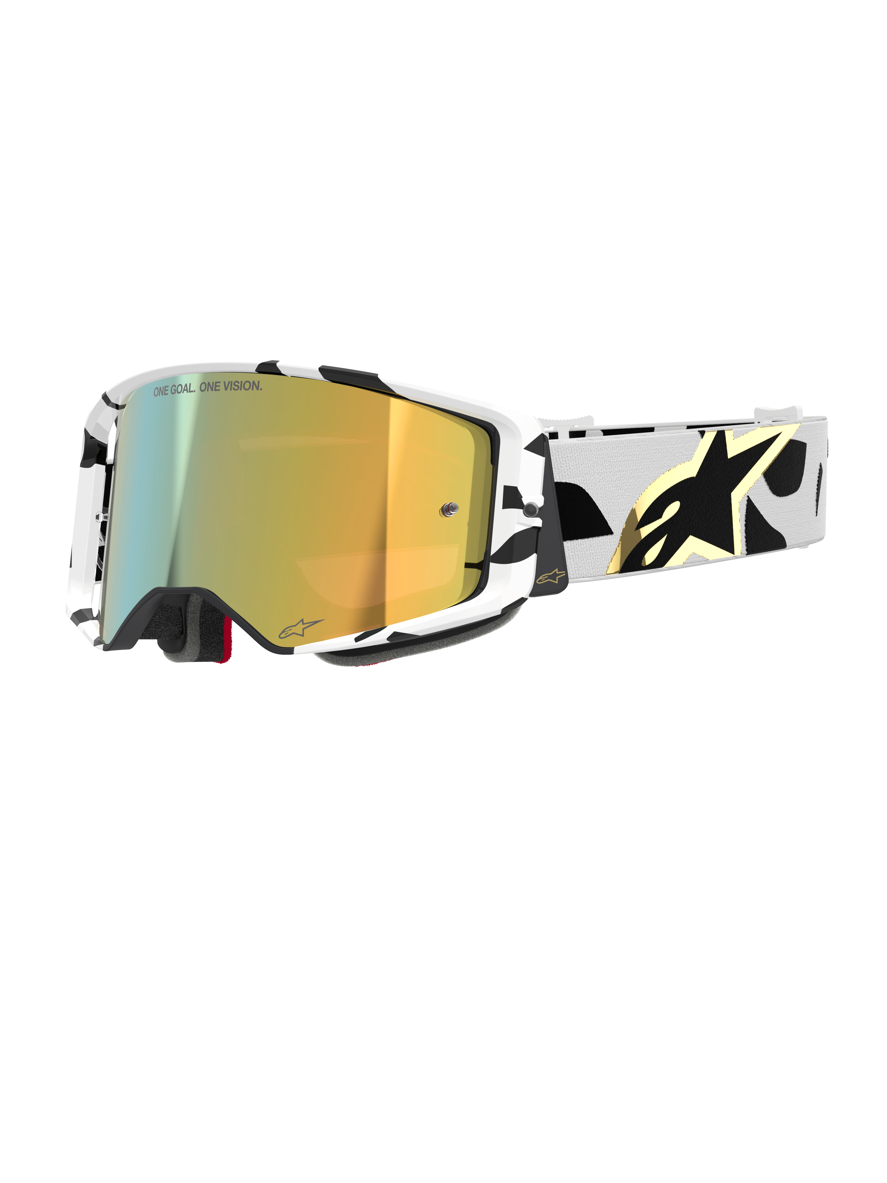 Alpinestars Supertech Corp Goggles Absolute Vision, motocross-briller, hvid og sort mønstret ramme med guld spejl-linse, bred rem med sort abstrakt design og guld Alpinestars-logo, "ONE GOAL. ONE VISION."-branding på linsen, højtydende racingudstyr.