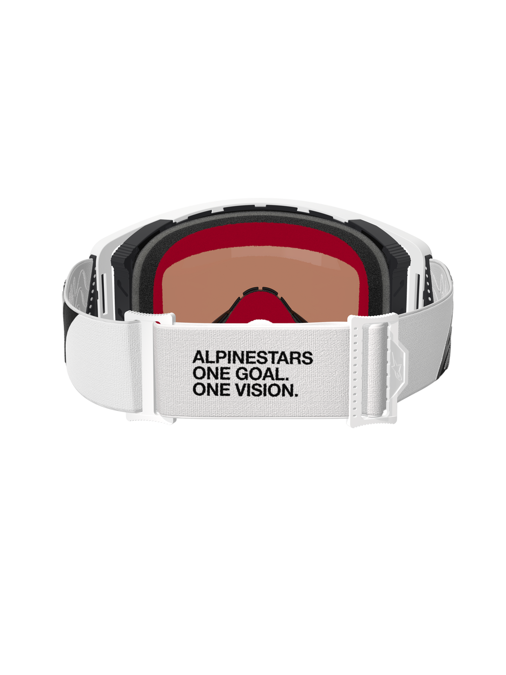 Alpinestars Supertech Corp Goggles Absolute Vision, motocross-briller, hvid og sølv-mirror, set bagfra med hvid strop med 'ALPINESTARS ONE GOAL. ONE VISION.'-tekst, flerlags ansigtsskum og strømlinet hvidt rammedesign