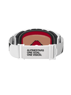 Alpinestars Supertech Corp Goggles Absolute Vision, motocross-briller, hvid og sølv-mirror, set bagfra med hvid strop med 'ALPINESTARS ONE GOAL. ONE VISION.'-tekst, flerlags ansigtsskum og strømlinet hvidt rammedesign