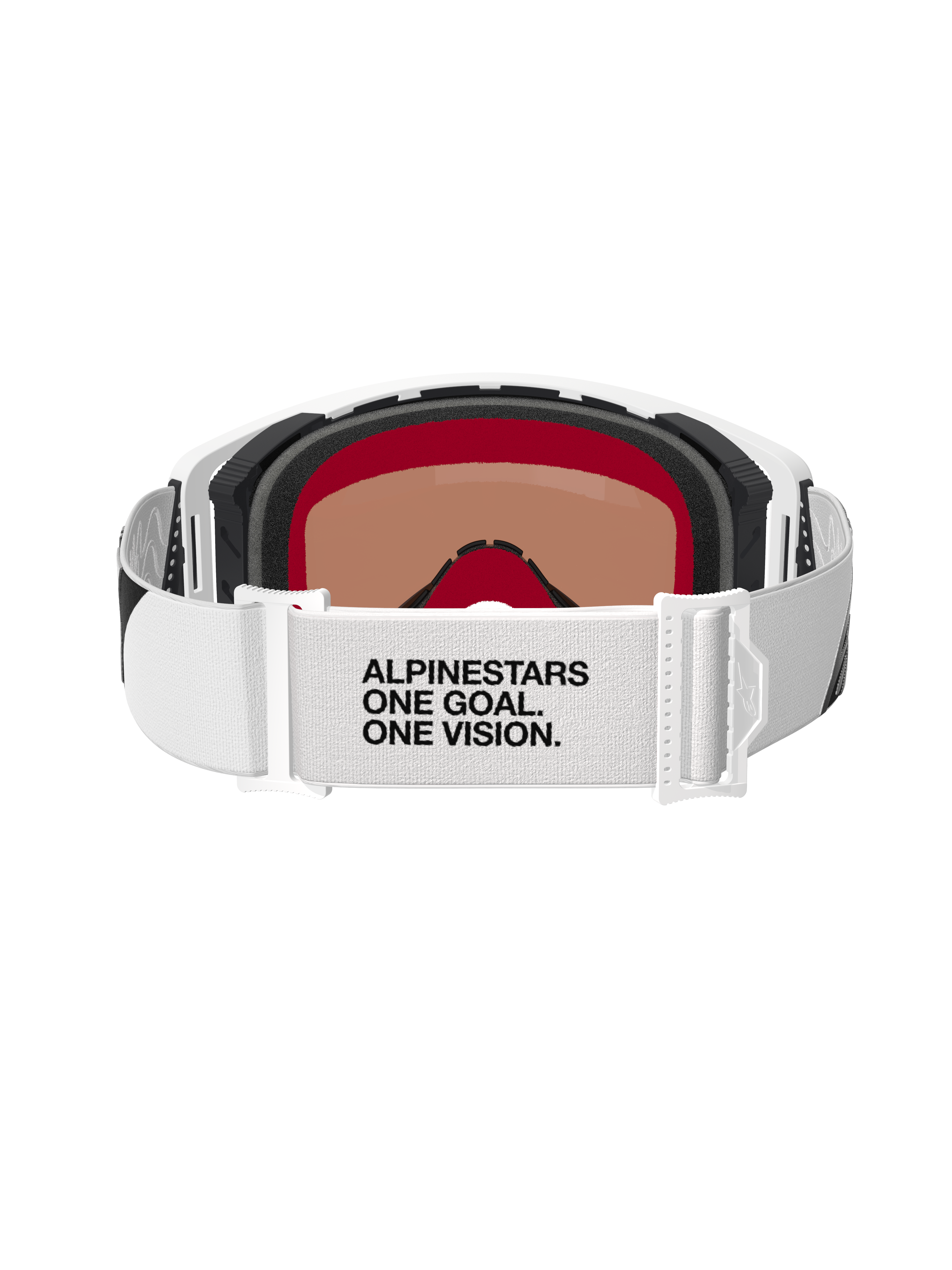 Alpinestars Supertech Corp Goggles Absolute Vision, motocross-briller, hvid og sølv-mirror, set bagfra med hvid strop med 'ALPINESTARS ONE GOAL. ONE VISION.'-tekst, flerlags ansigtsskum og strømlinet hvidt rammedesign