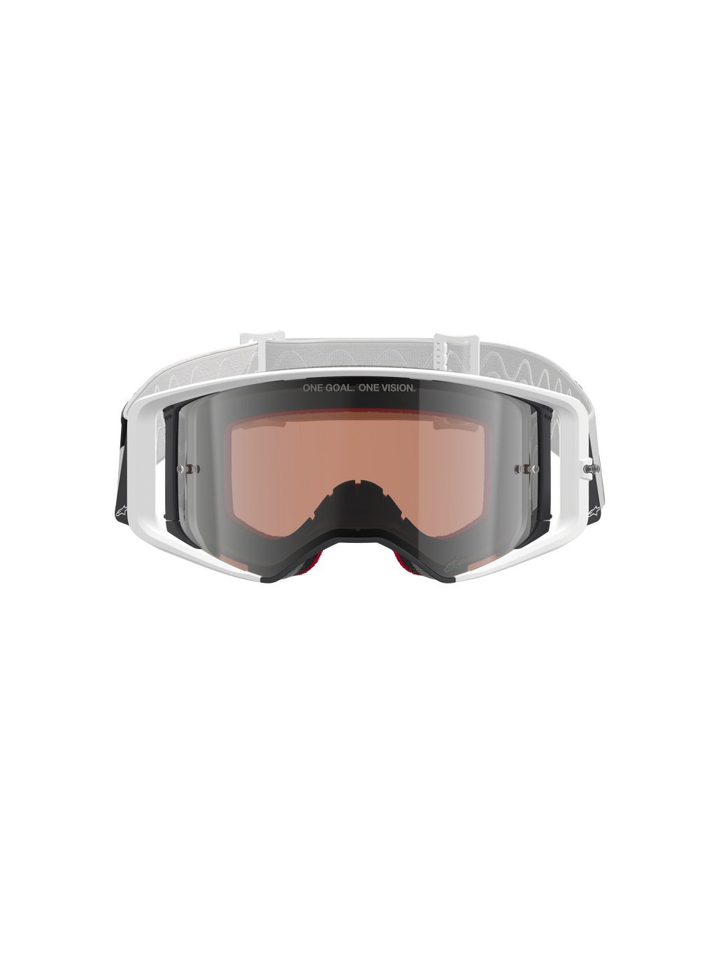 Alpinestars Supertech Corp Goggles Absolute Vision, motocross-briller, hvid og sølvfarvet spejlrefleks, set forfra med en hvid ramme og sølvfarvet spejlreflekslinse med teksten "ONE GOAL. ONE VISION.", justerbar hvid rem med Alpinestars-logo, højtydende beskyttelsesbriller til off-road racing