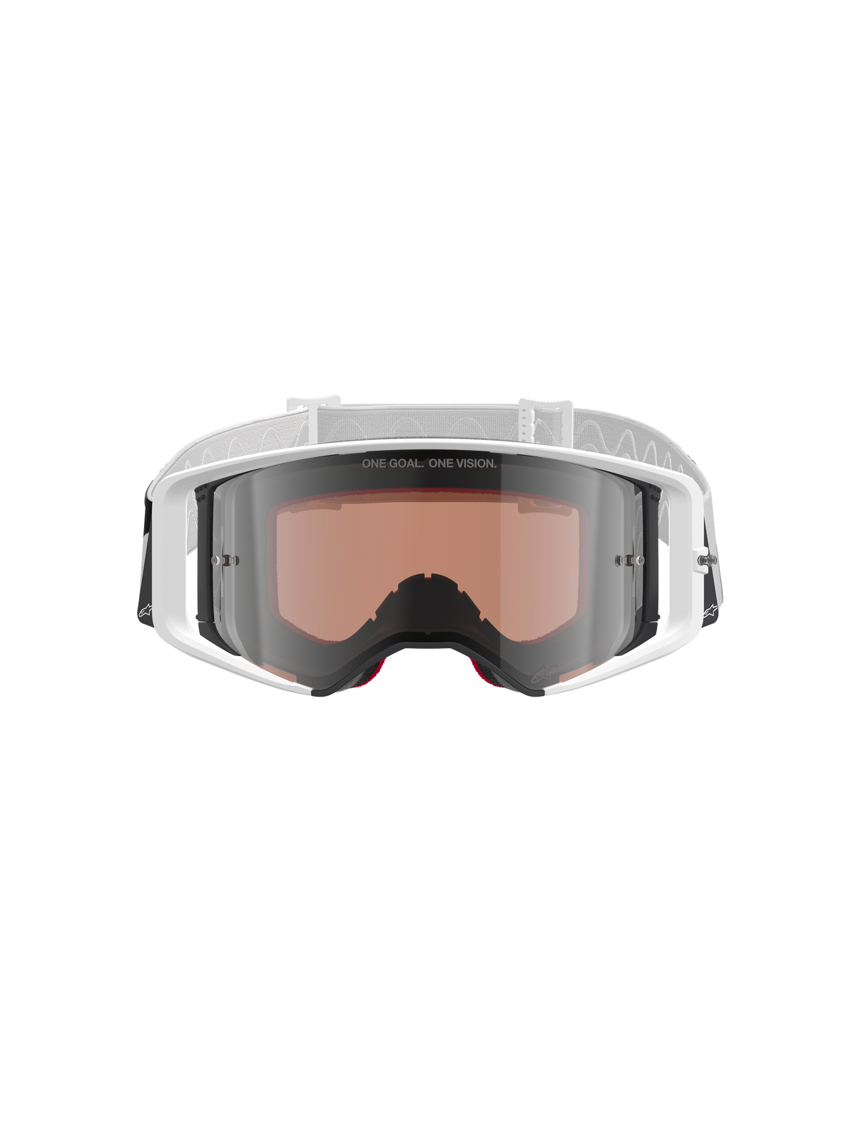 Alpinestars Supertech Corp Goggles Absolute Vision, motocross-briller, hvid og sølvfarvet spejlrefleks, set forfra med en hvid ramme og sølvfarvet spejlreflekslinse med teksten "ONE GOAL. ONE VISION.", justerbar hvid rem med Alpinestars-logo, højtydende beskyttelsesbriller til off-road racing