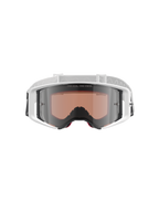 Alpinestars Supertech Corp Goggles Absolute Vision, motocross-briller, hvid og sølvfarvet spejlrefleks, set forfra med en hvid ramme og sølvfarvet spejlreflekslinse med teksten "ONE GOAL. ONE VISION.", justerbar hvid rem med Alpinestars-logo, højtydende beskyttelsesbriller til off-road racing