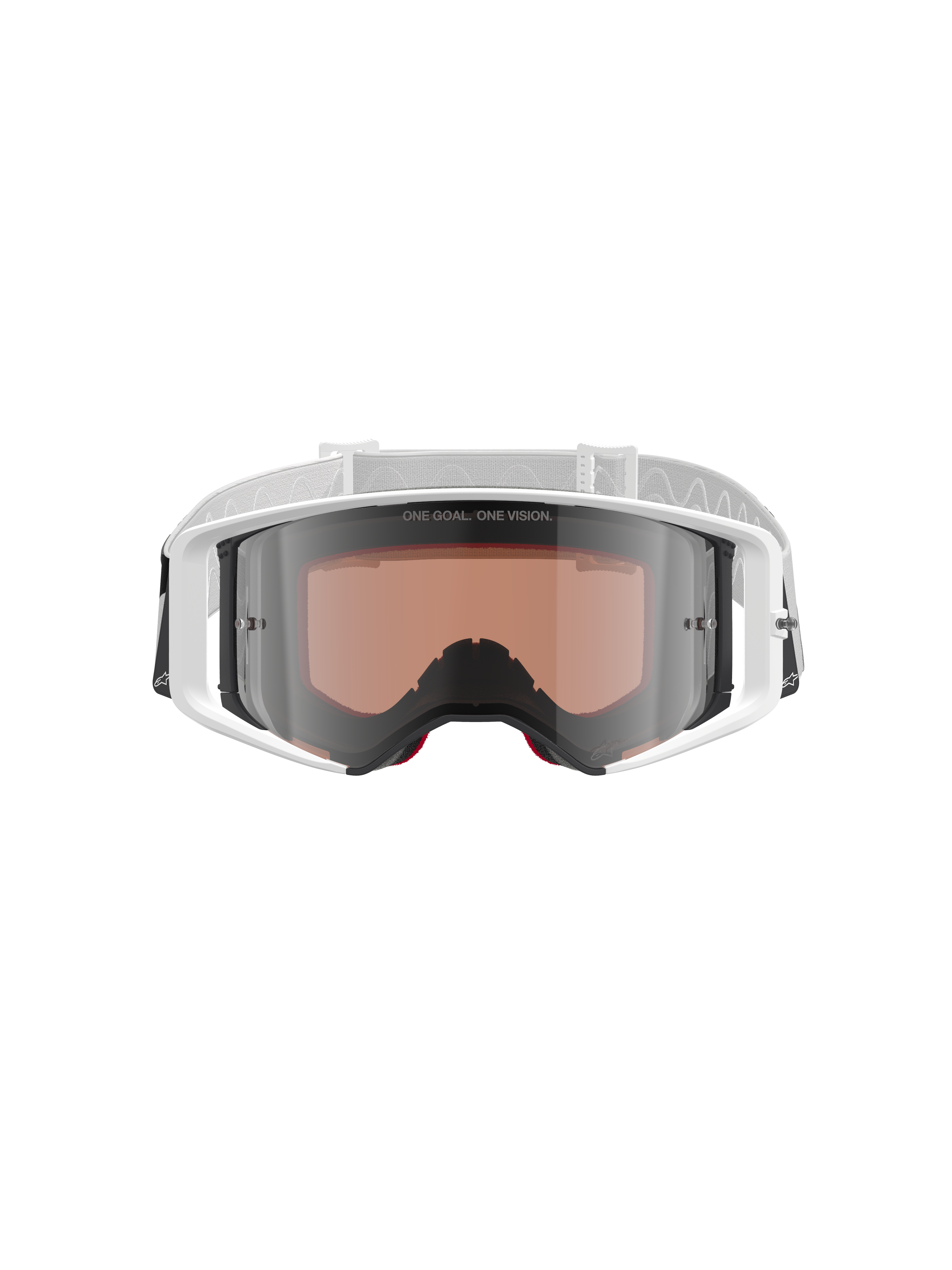Alpinestars Supertech Corp Goggles Absolute Vision, motocross-briller, hvid og sølvfarvet spejlrefleks, set forfra med en hvid ramme og sølvfarvet spejlreflekslinse med teksten "ONE GOAL. ONE VISION.", justerbar hvid rem med Alpinestars-logo, højtydende beskyttelsesbriller til off-road racing