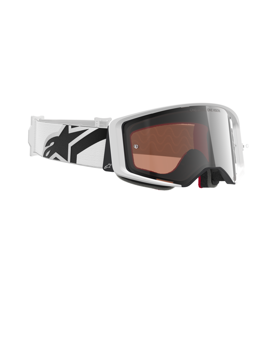 Alpinestars Supertech Corp Goggles Absolute Vision, motocross-briller, hvid og spejlsølv, hvid ramme med en reflekterende sølvlinse, bred hvid justerbar rem med et markant sort stjernelogo, professionelle briller til off-road racing