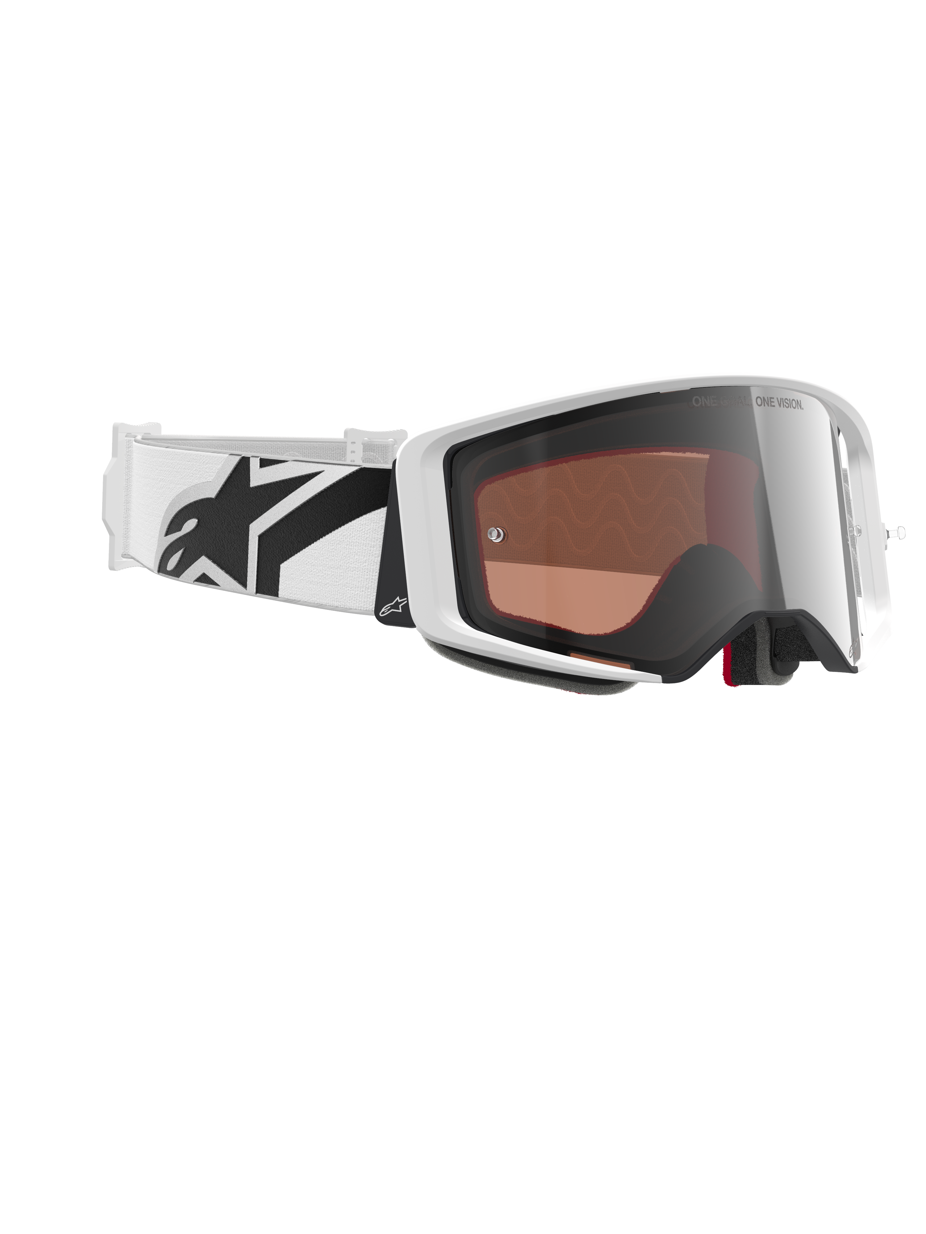 Alpinestars Supertech Corp Goggles Absolute Vision, motocross-briller, hvid og spejlsølv, hvid ramme med en reflekterende sølvlinse, bred hvid justerbar rem med et markant sort stjernelogo, professionelle briller til off-road racing