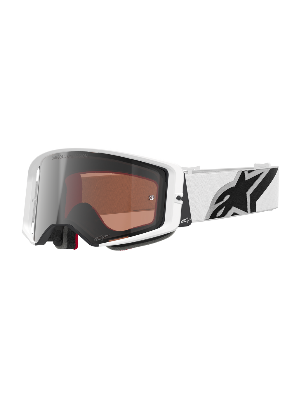 Alpinestars Supertech Corp Goggles Absolute Vision, motocross-briller, hvid ramme med Silver Mirror-linse, bred hvid justerbar rem med et stort sort Alpinestars-stjernelogo, højtydende beskyttelsesbriller til terrænkørsel