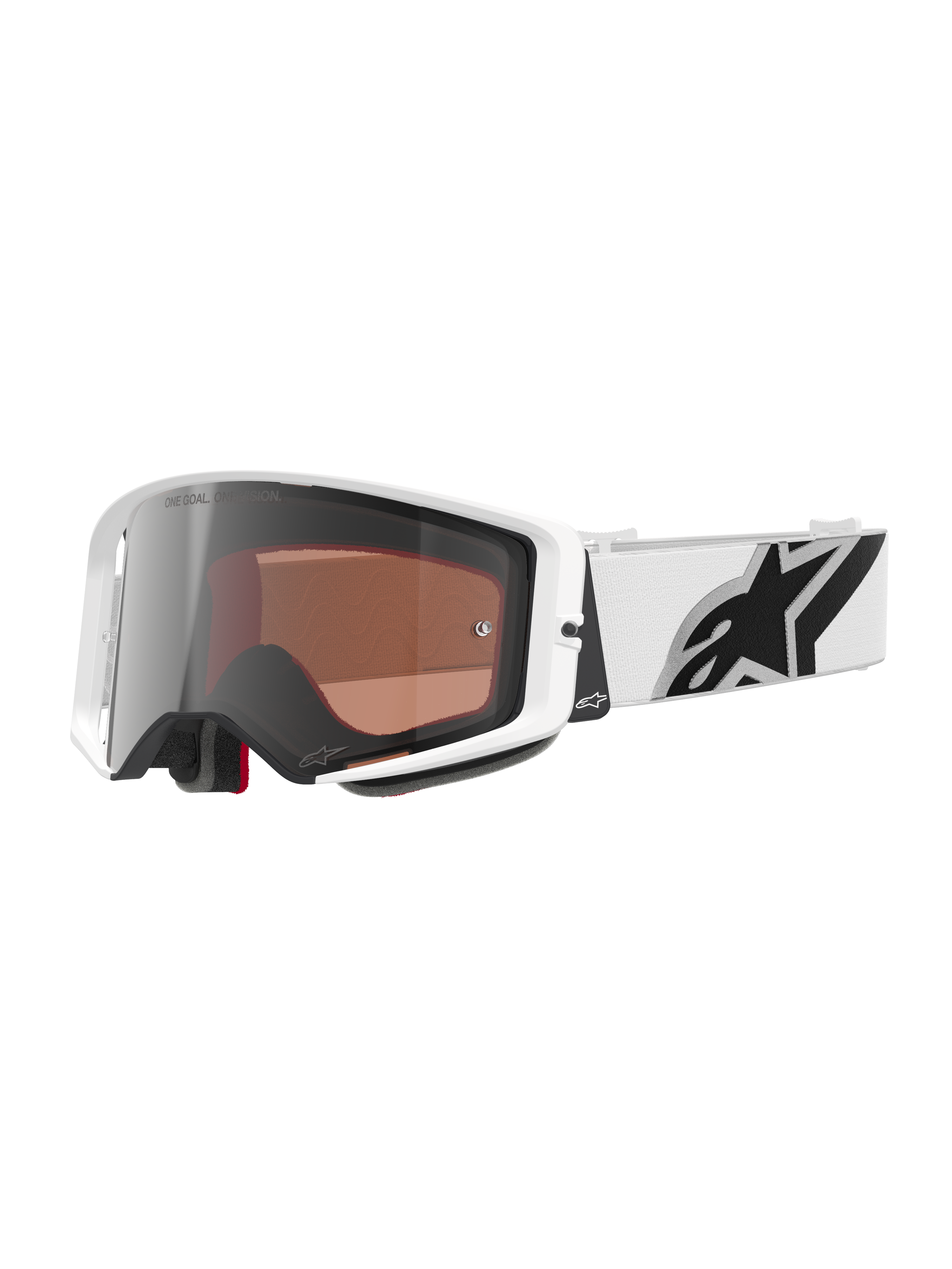 Alpinestars Supertech Corp Goggles Absolute Vision, motocross-briller, hvid ramme med Silver Mirror-linse, bred hvid justerbar rem med et stort sort Alpinestars-stjernelogo, højtydende beskyttelsesbriller til terrænkørsel