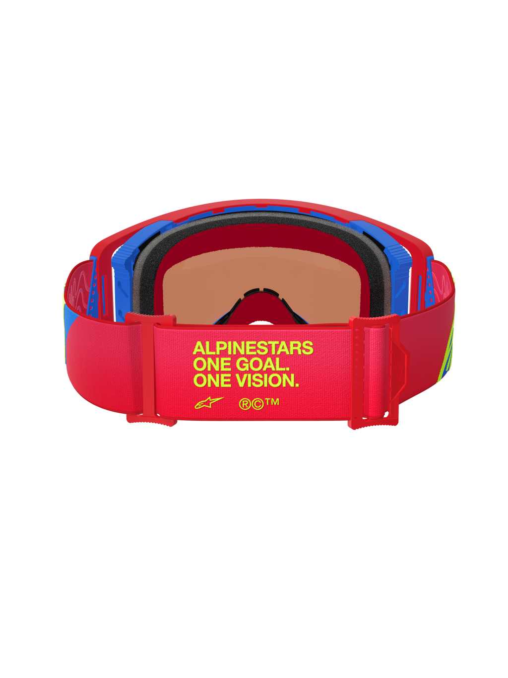 Alpinestars Supertech Corp Absolute Vision goggles, set bagfra, rød og blå ramme, rød elastikrem med gul 'One Goal. One Vision.' tekst, flerlags sort ansigtsskum, højtydende motocross-briller