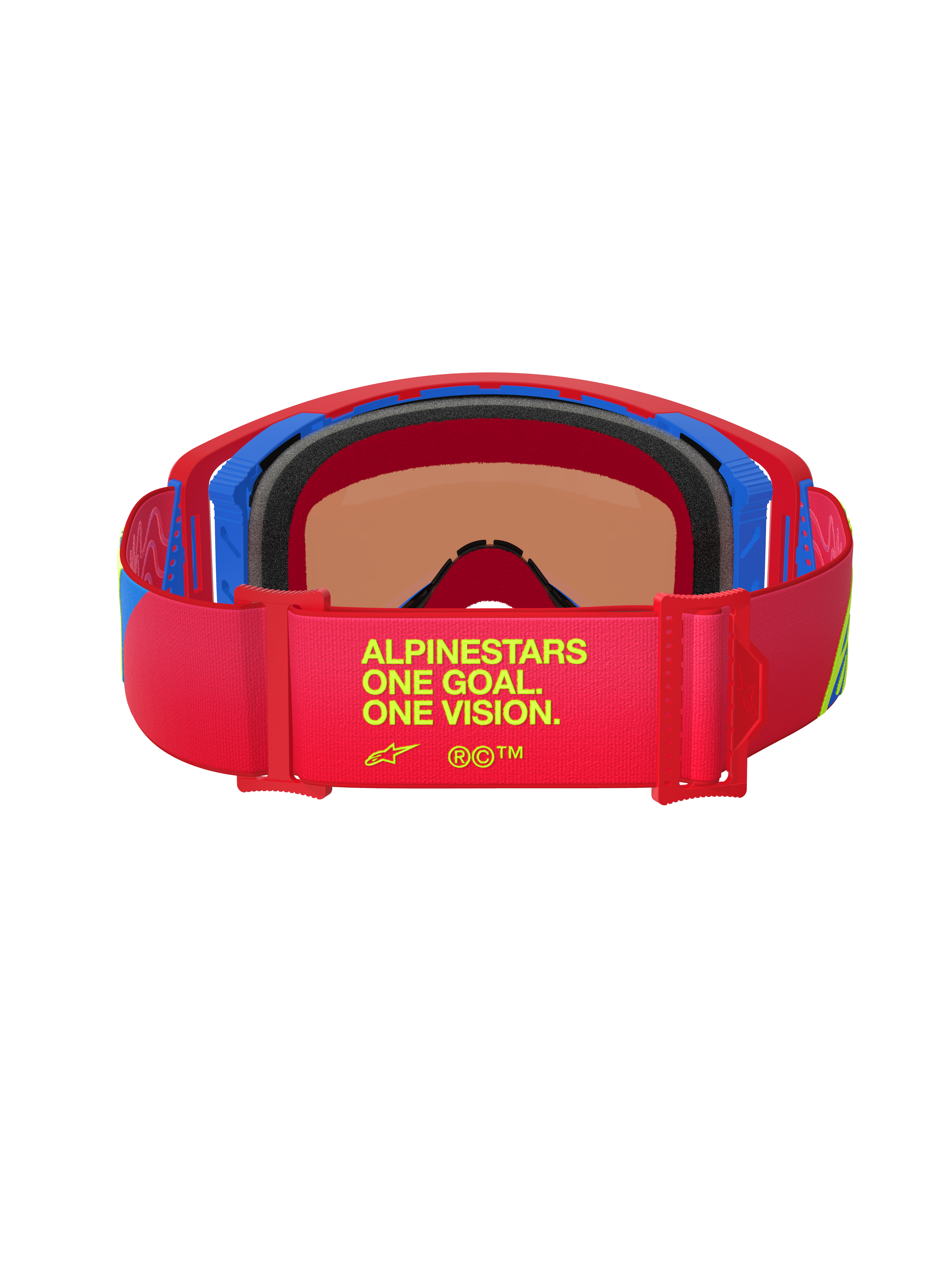 Alpinestars Supertech Corp Absolute Vision goggles, set bagfra, rød og blå ramme, rød elastikrem med gul 'One Goal. One Vision.' tekst, flerlags sort ansigtsskum, højtydende motocross-briller