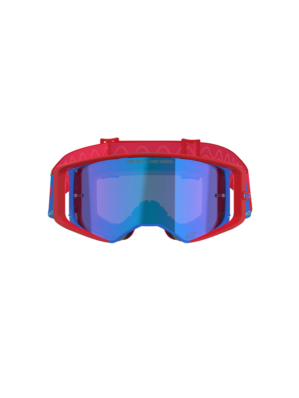 Alpinestars Supertech Corp Goggles Absolute Vision, motocross-briller, rød og blå med blå spejl-linse, kraftig rød ramme med blå detaljer, mønstret rød rem, 'ONE GOAL... ONE VISION.' tekst på linsen