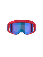 Alpinestars Supertech Corp Goggles Absolute Vision, motocross-briller, rød og blå med blå spejl-linse, kraftig rød ramme med blå detaljer, mønstret rød rem, 'ONE GOAL... ONE VISION.' tekst på linsen