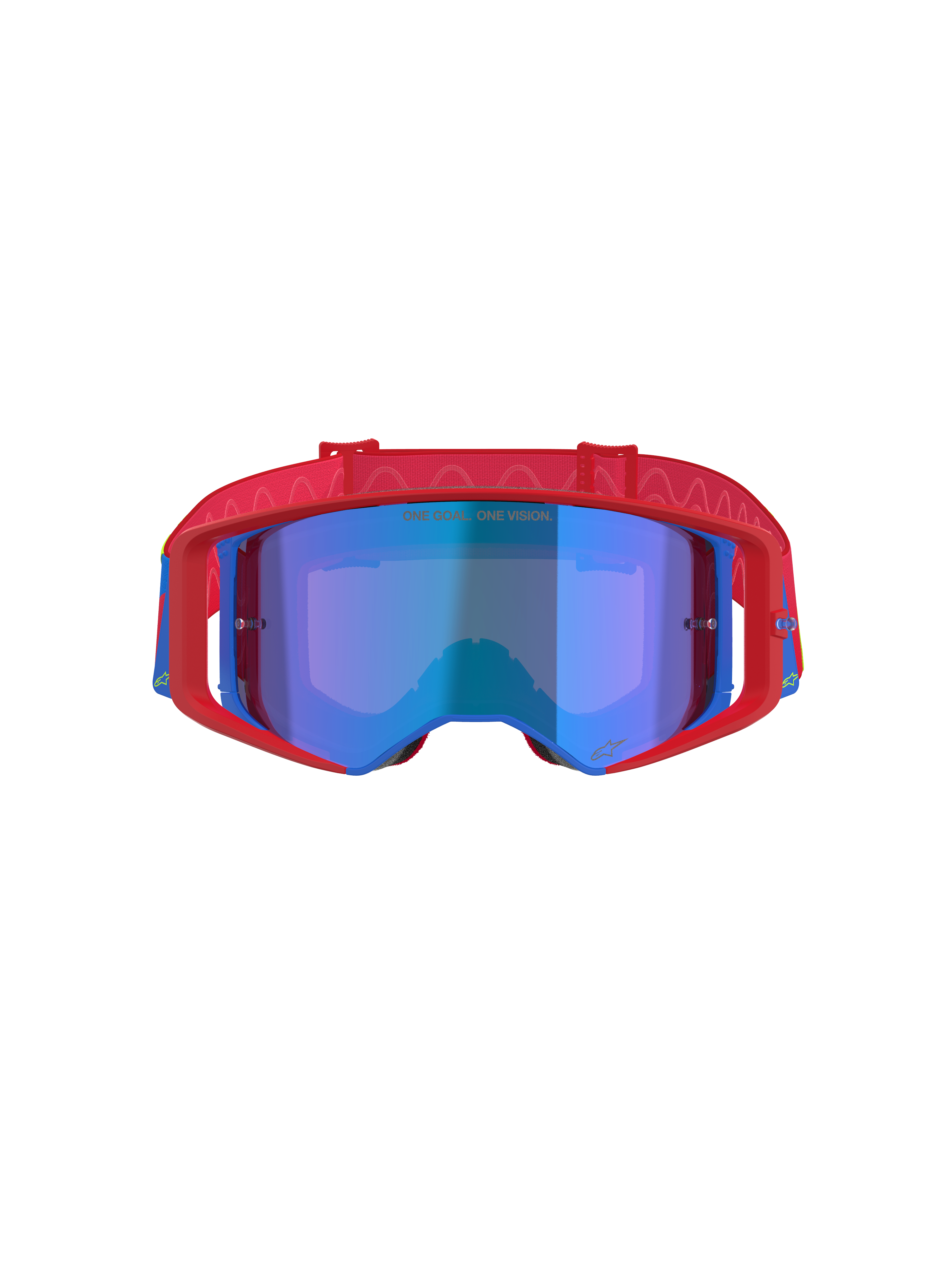 Alpinestars Supertech Corp Goggles Absolute Vision, motocross-briller, rød og blå med blå spejl-linse, kraftig rød ramme med blå detaljer, mønstret rød rem, 'ONE GOAL... ONE VISION.' tekst på linsen