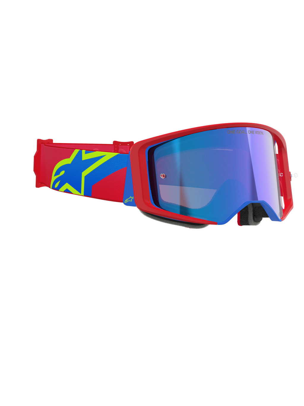 Alpinestars Supertech Corp Goggles Absolute Vision, motocross-briller, rød og blå ramme med Mirror Blue-linse, rød og blå rem med et gult Alpinestars-stjerne-logo, professionelle off-road racerbriller