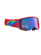 Alpinestars Supertech Corp Goggles Absolute Vision, motocross-briller, rød og blå ramme med Mirror Blue-linse, rød og blå rem med et gult Alpinestars-stjerne-logo, professionelle off-road racerbriller