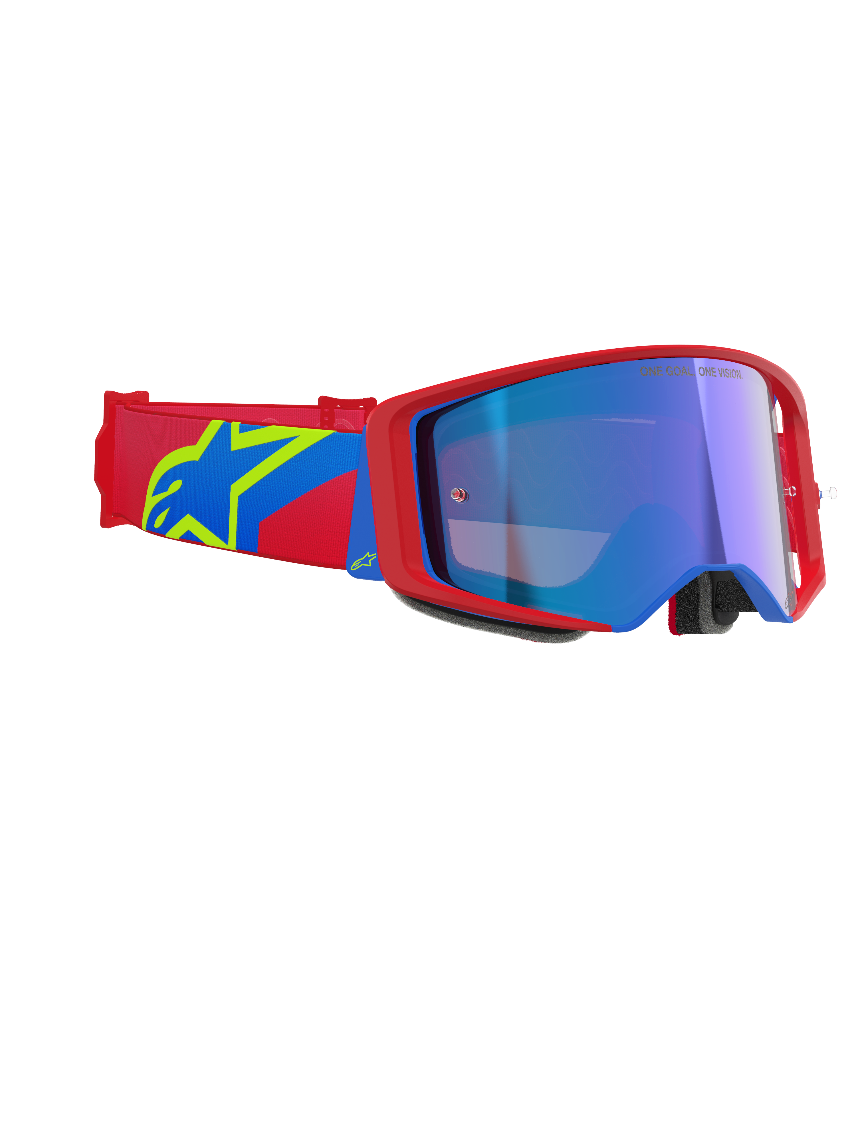 Alpinestars Supertech Corp Goggles Absolute Vision, motocross-briller, rød og blå ramme med Mirror Blue-linse, rød og blå rem med et gult Alpinestars-stjerne-logo, professionelle off-road racerbriller