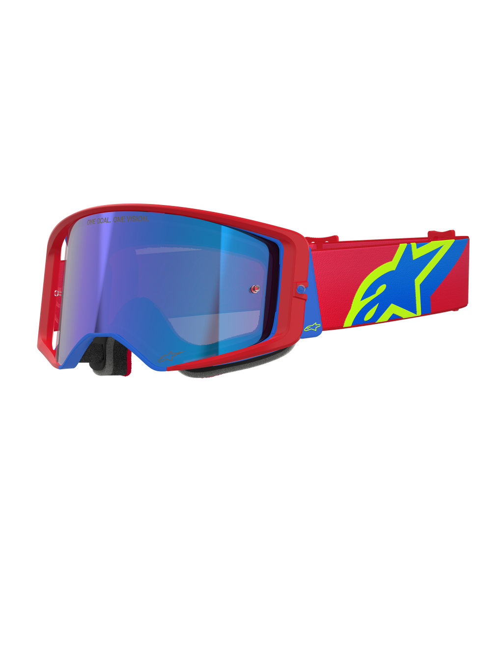 Alpinestars Supertech Corp Goggles Absolute Vision, motocrossbriller, rød og blå ramme med Mirror Blue-linse, rød rem med markant gult og blåt Alpinestars-logo, højtydende briller til off-road og racing
