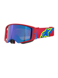 Alpinestars Supertech Corp Goggles Absolute Vision, motocrossbriller, rød og blå ramme med Mirror Blue-linse, rød rem med markant gult og blåt Alpinestars-logo, højtydende briller til off-road og racing