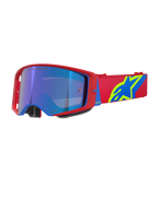 Alpinestars Supertech Corp Goggles Absolute Vision, motocrossbriller, rød og blå ramme med Mirror Blue-linse, rød rem med markant gult og blåt Alpinestars-logo, højtydende briller til off-road og racing