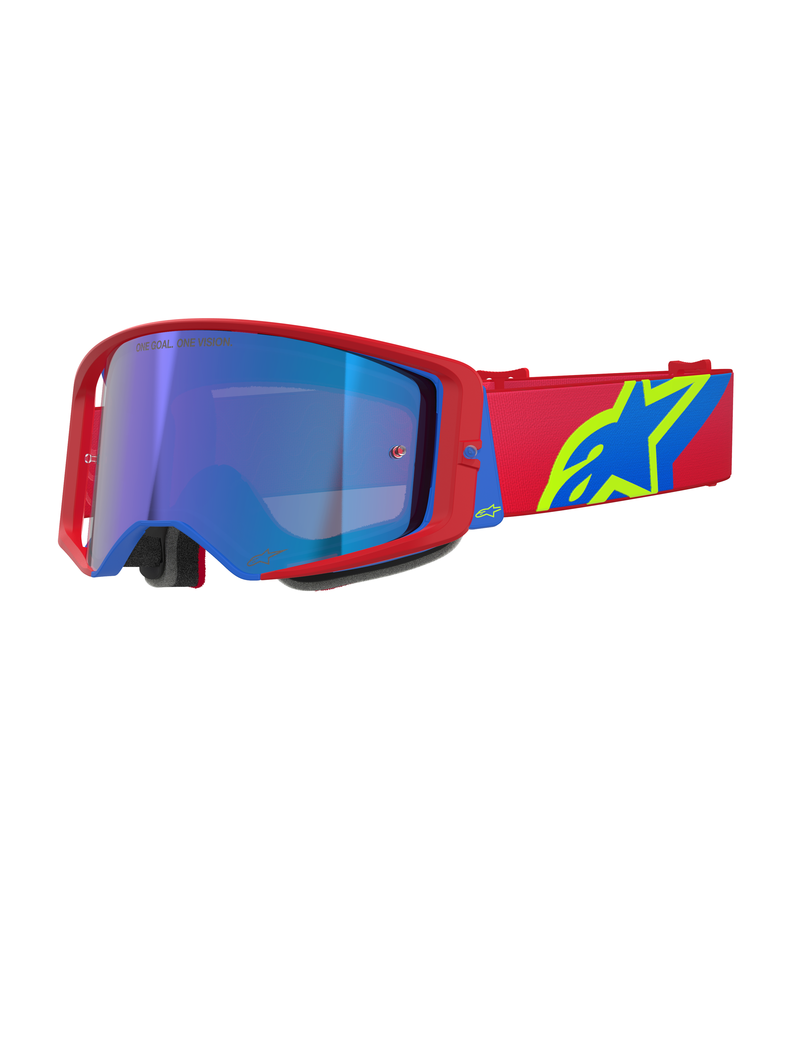 Alpinestars Supertech Corp Goggles Absolute Vision, motocrossbriller, rød og blå ramme med Mirror Blue-linse, rød rem med markant gult og blåt Alpinestars-logo, højtydende briller til off-road og racing