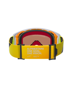 Alpinestars Supertech Corp Goggles Absolute Vision, set bagfra, gul fluo-rem med "ALPINESTARS ONE GOAL. ONE VISION." tekst, orange og grå ramme med flerlags sort ansigtsskum, varmtonet spejllinse, high-performance motocross-briller