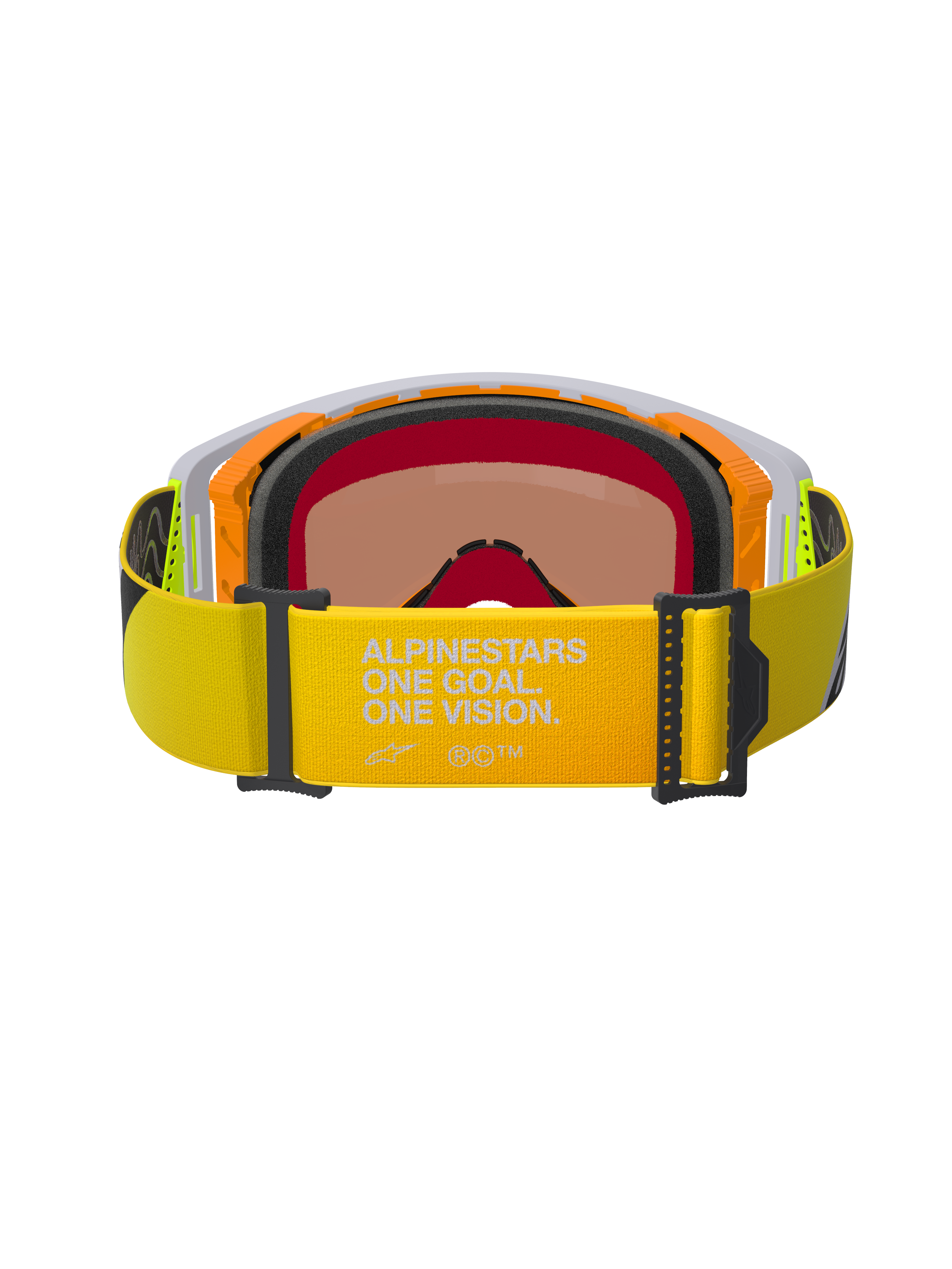 Alpinestars Supertech Corp Goggles Absolute Vision, set bagfra, gul fluo-rem med "ALPINESTARS ONE GOAL. ONE VISION." tekst, orange og grå ramme med flerlags sort ansigtsskum, varmtonet spejllinse, high-performance motocross-briller
