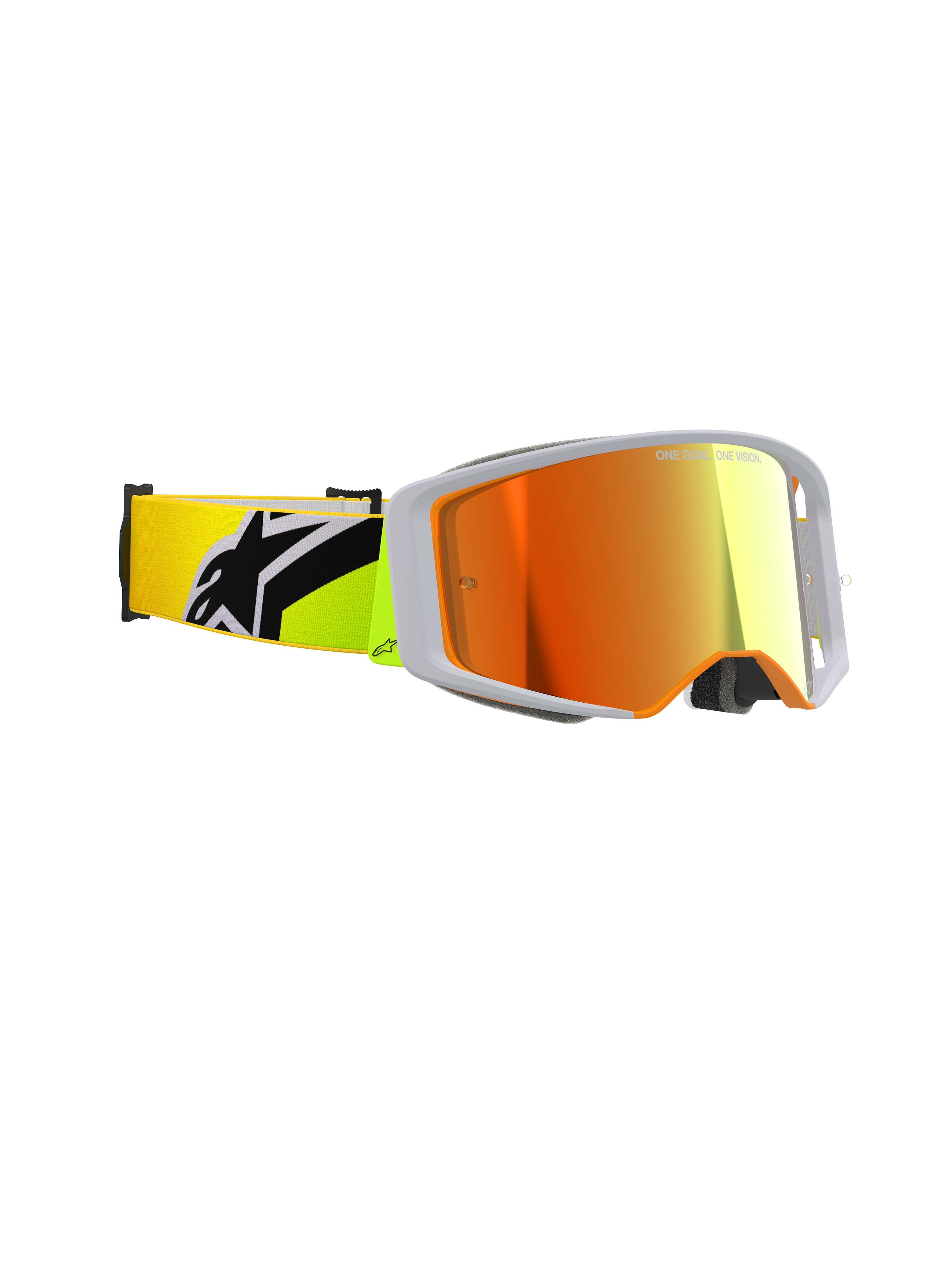 Alpinestars Supertech Corp Goggles Absolute Vision, motocross-briller, gul fluo og grå, rød spejllinse, set fra siden med bredt perifert syn og en fluorgul rem med et markant sort Alpinestars-logo, professionelt off-road-racerudstyr