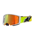 Alpinestars Supertech Corp Goggles Absolute Vision, motocross-briller, fluorescerende gul og grå, rød spejllinse med 'One Goal. One Vision.' tekst, fluorescerende gul rem med markant sort og hvidt Alpinestars-logo, højtydende off-road briller