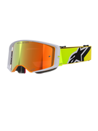 Alpinestars Supertech Corp Goggles Absolute Vision, motocross-briller, fluorescerende gul og grå, rød spejllinse med 'One Goal. One Vision.' tekst, fluorescerende gul rem med markant sort og hvidt Alpinestars-logo, højtydende off-road briller