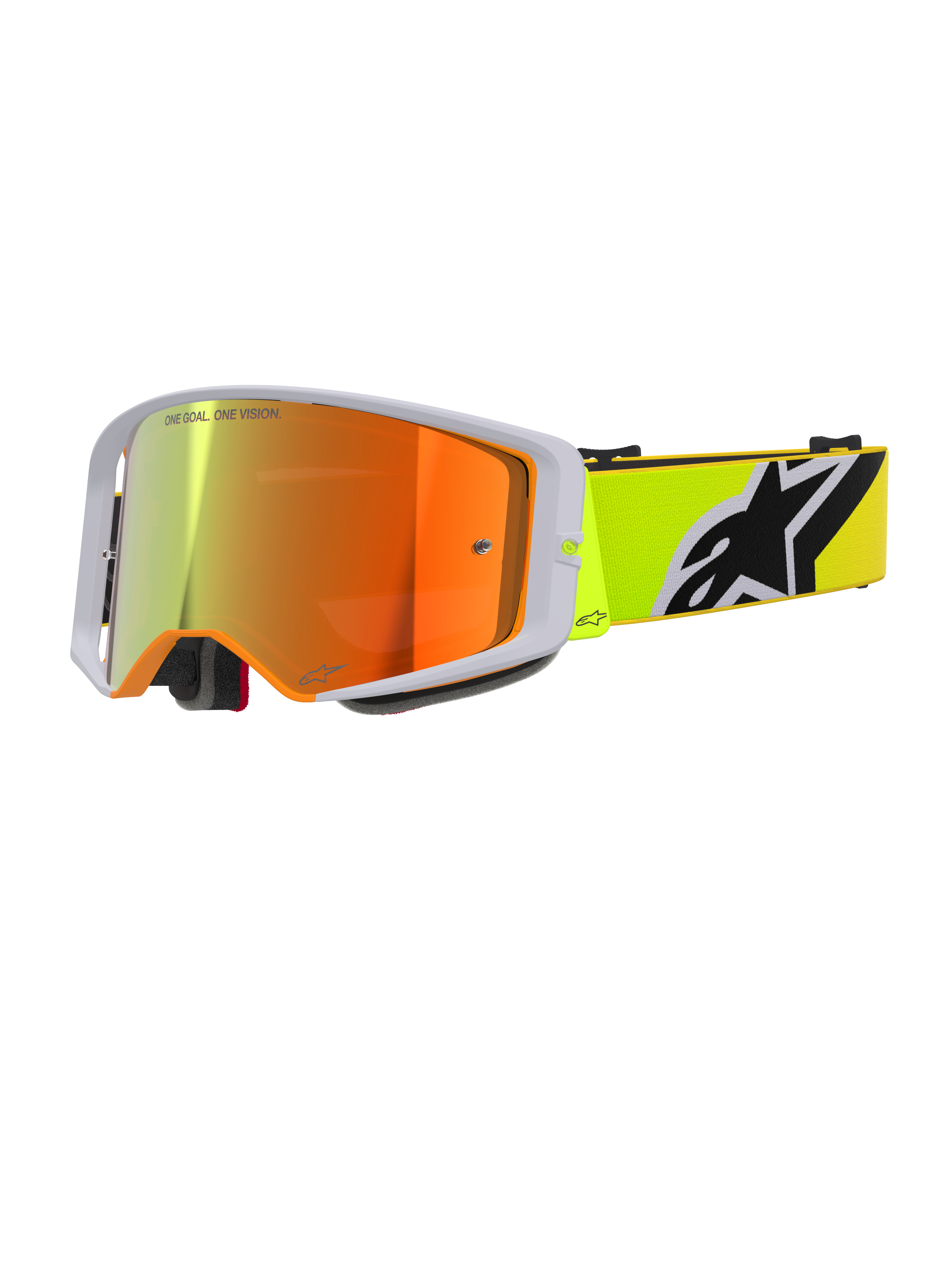 Alpinestars Supertech Corp Goggles Absolute Vision, motocross-briller, fluorescerende gul og grå, rød spejllinse med 'One Goal. One Vision.' tekst, fluorescerende gul rem med markant sort og hvidt Alpinestars-logo, højtydende off-road briller