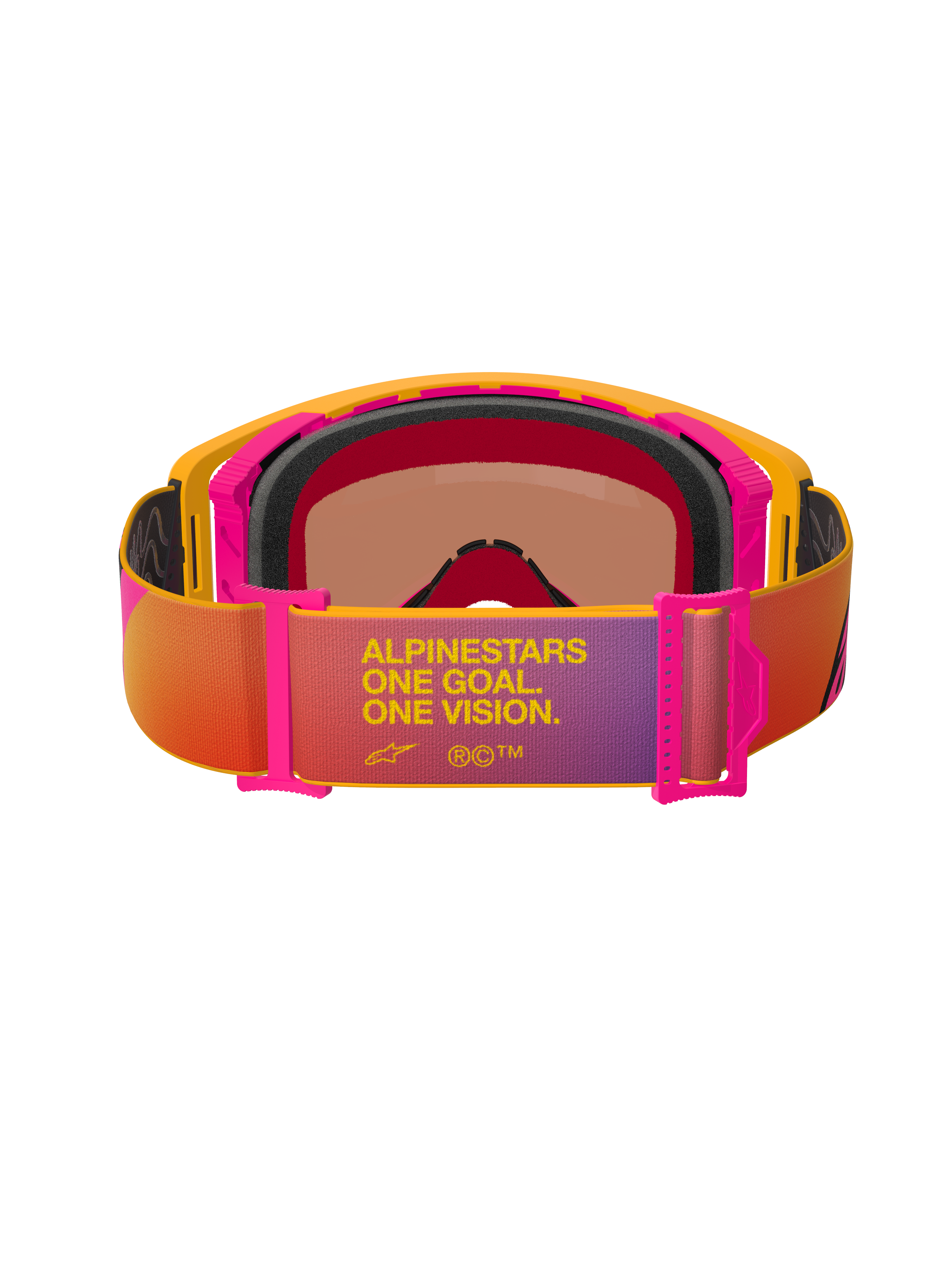 Alpinestars Supertech Corp Goggles Absolute Vision, motocross-briller, gul og lyserød ramme med flerfarvet rem med graduering, set bagfra med sort flerlags ansigtsskum og 'ALPINESTARS ONE GOAL. ONE VISION.' tekst, højtydende off-road øjenbeskyttelse
