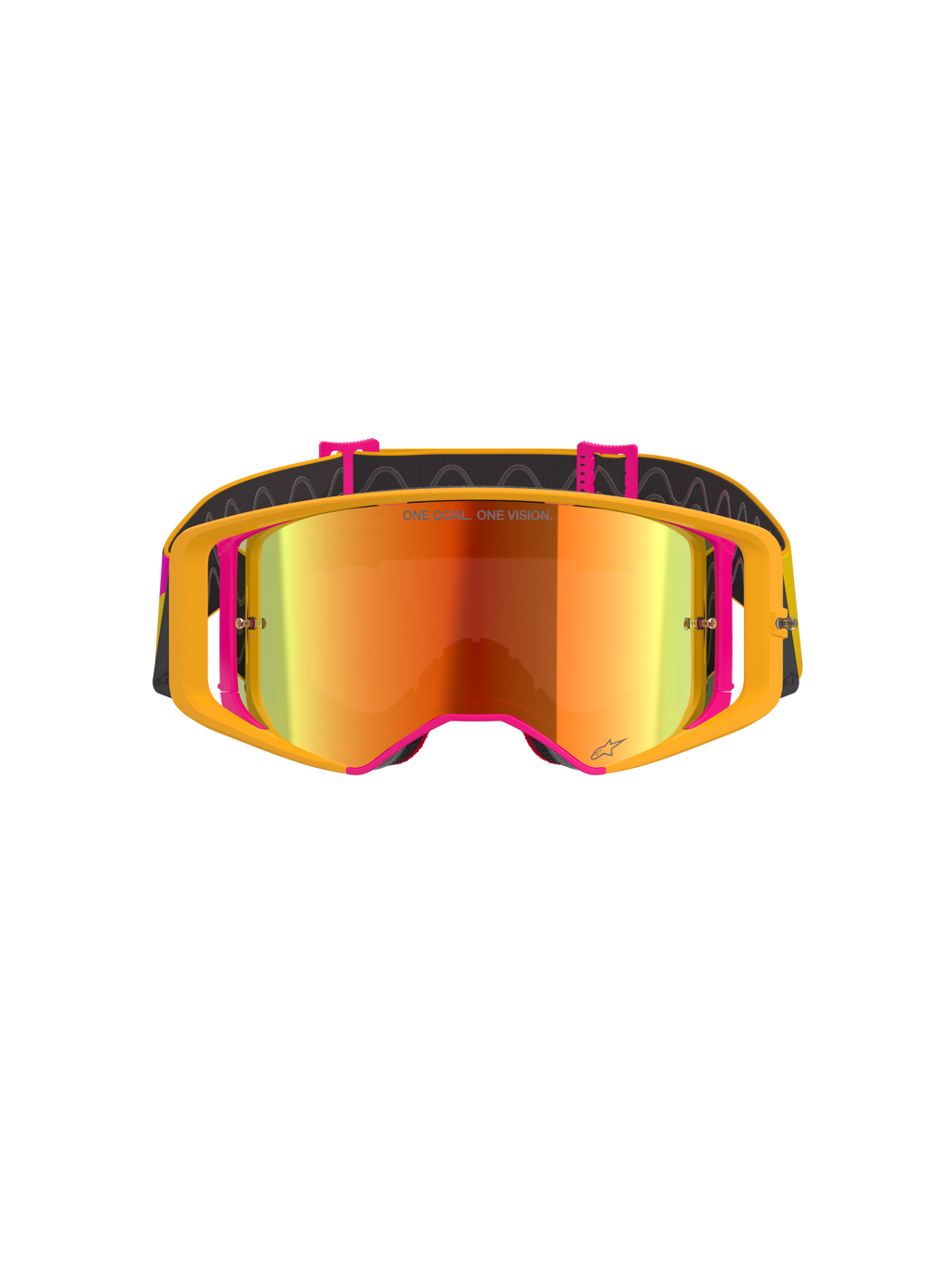 Alpinestars Supertech Corp Goggles Absolute Vision, motocross-briller, gul og lyserød ramme med rød spejllinse, set forfra, med 'ONE GOAL. ONE VISION.' tekst på linsen, justerbar sort rem med silikonegreb