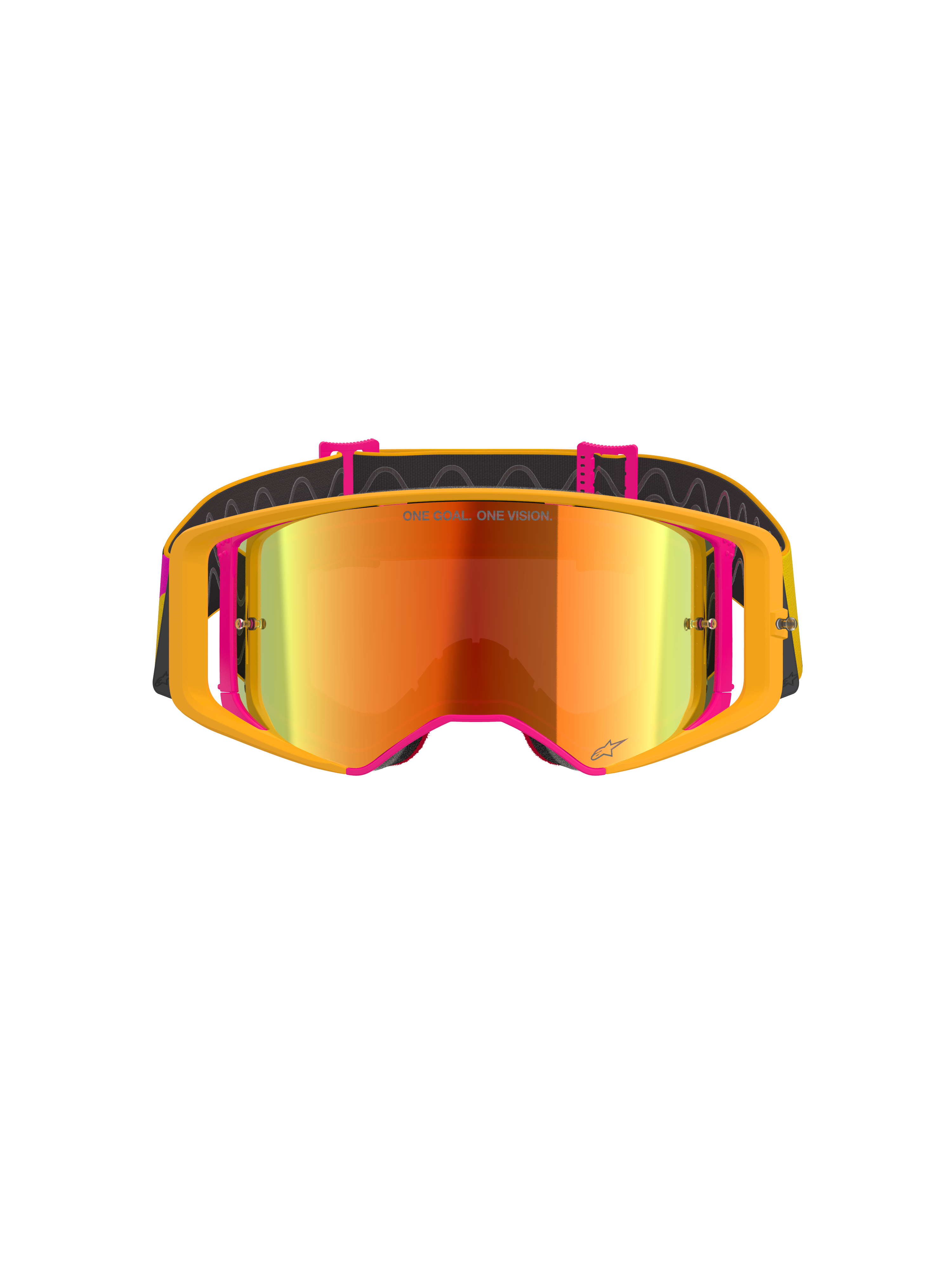 Alpinestars Supertech Corp Goggles Absolute Vision, motocross-briller, gul og lyserød ramme med rød spejllinse, set forfra, med 'ONE GOAL. ONE VISION.' tekst på linsen, justerbar sort rem med silikonegreb