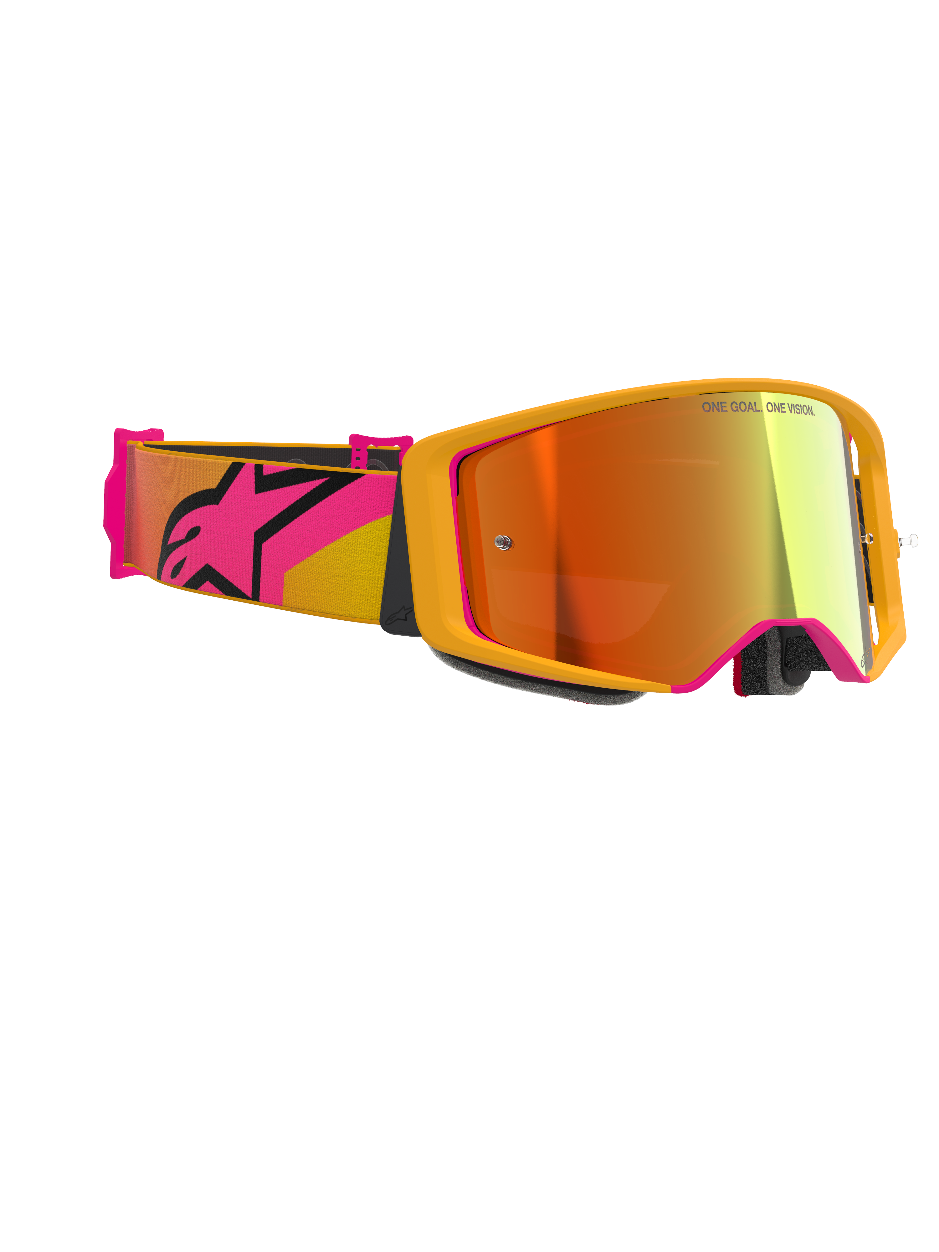 Alpinestars Supertech Corp Goggles Absolute Vision, motocrossbriller, gul med pink detaljer og Mirror Red-linse, med en bred pink og gul rem med et stort Alpinestars-logo, 'ONE GOAL. ONE VISION.' trykt på linsen, højtydende racing-briller til off-road brug