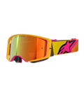 Alpinestars Supertech Corp Goggles Absolute Vision, motocross-briller, gul og pink med rød spejllinse, klart gult stel, spejllinse med orange og røde reflekser, gul rem med stort pink Alpinestars-stjernelogo, professionelle briller til off-road racing