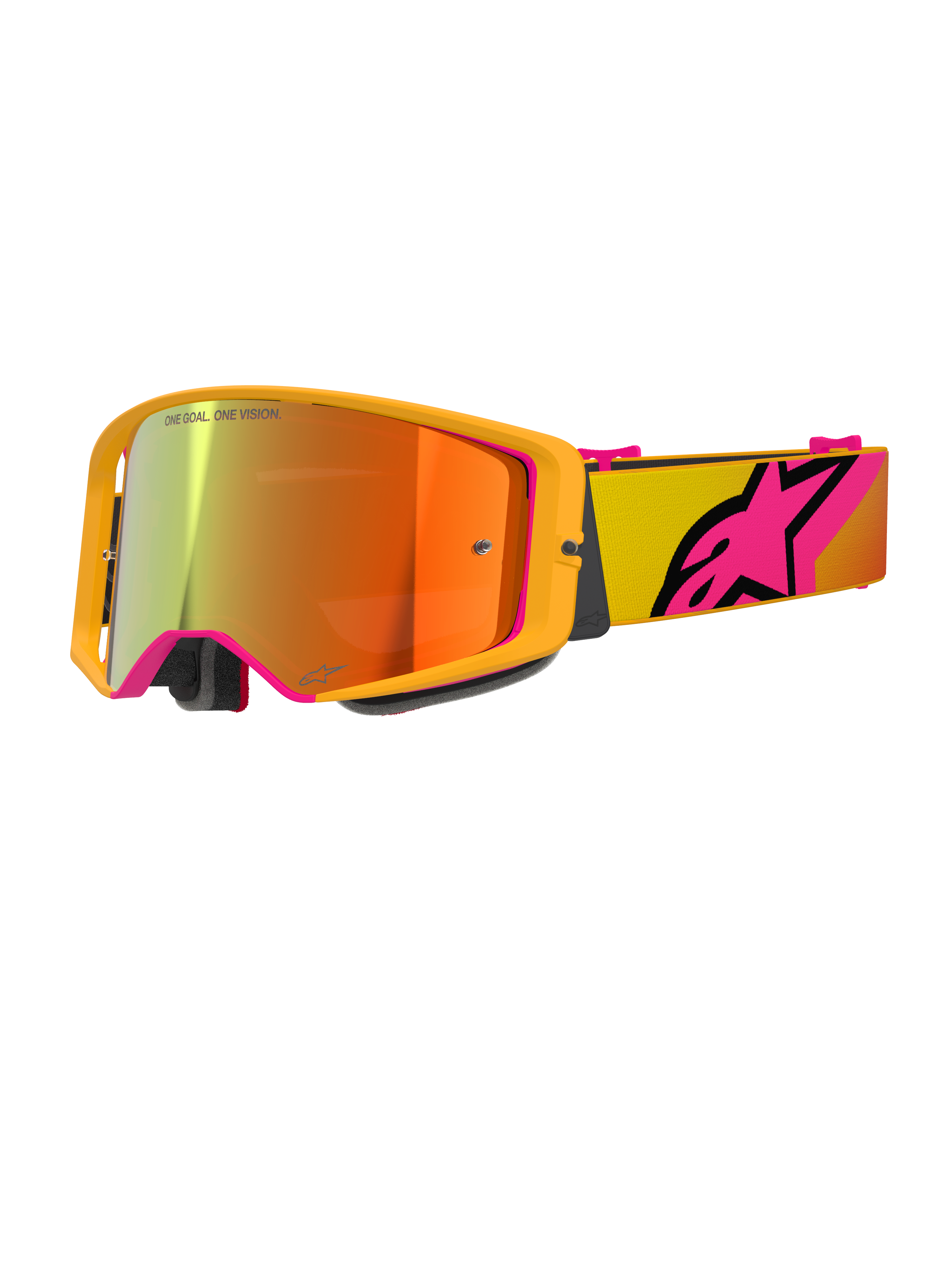 Alpinestars Supertech Corp Goggles Absolute Vision, motocross-briller, gul og pink med rød spejllinse, klart gult stel, spejllinse med orange og røde reflekser, gul rem med stort pink Alpinestars-stjernelogo, professionelle briller til off-road racing