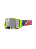 Alpinestars Supertech Corp Goggles Absolute Vision, Motocross MX Goggles, Bright Yellow Fluo frame with Silver mirror lens, Grey strap with a large Red and White star logo, featuring 'ONE GOAL. ONE VISION.' branding on the lens, durable design for off-road racing